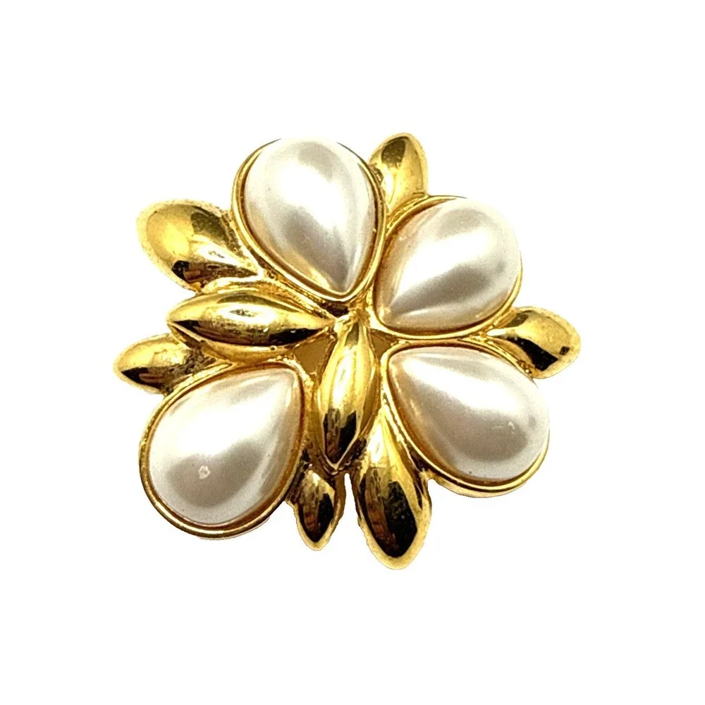 Vintage NAPIER Flower Brooch Gold Tone 4 TearDrop Faux Pearls 1990s 1 1/2